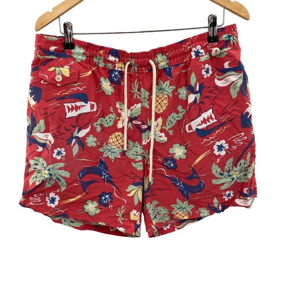 Polo Ralph‎ Lauren Swim Trunks Mens XL Red Hawaiian Floral Print Polyester - Picture 1 of 9